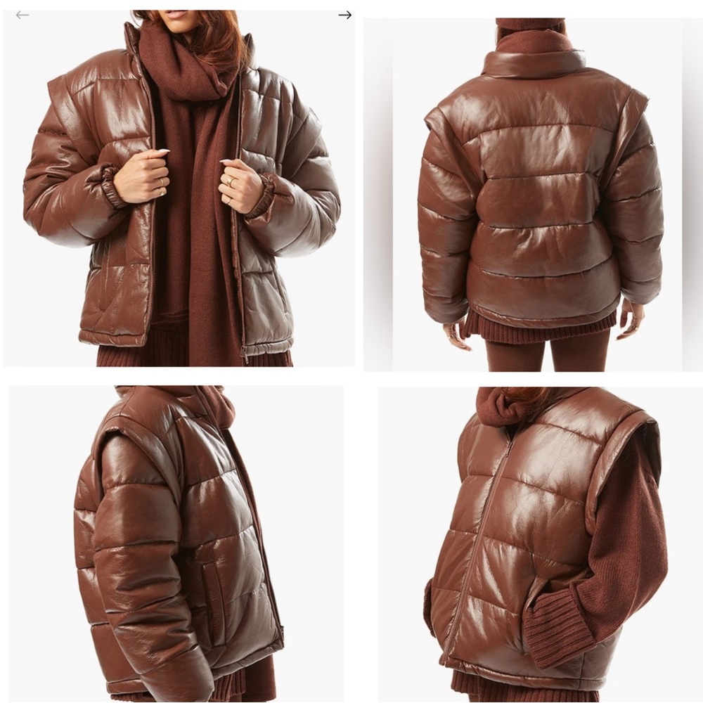 We Wore What Women’s Snap Off Sleeve Matte Faux Leather Puffer Jacket Cacao